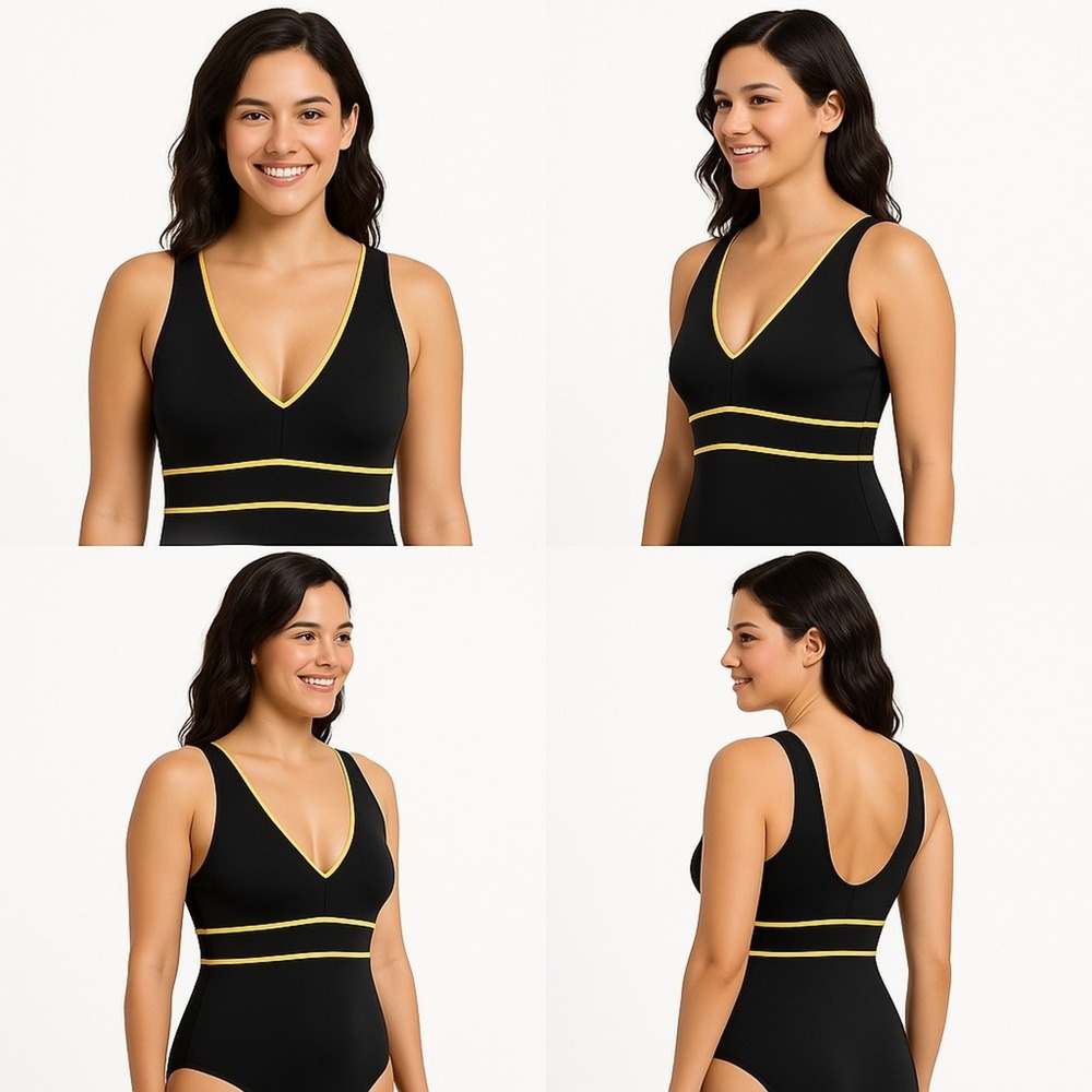 Croft Barrow Swimsuit Womens 16 One Piece Navy Yellow Colorblock Trim V‎ Neck